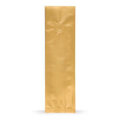 Seitenfaltenbeutel Gold mit Aromaschutzventil — Hauptansicht des Beutels mit Aromaventil, Aromaschutz von Elke Plastic